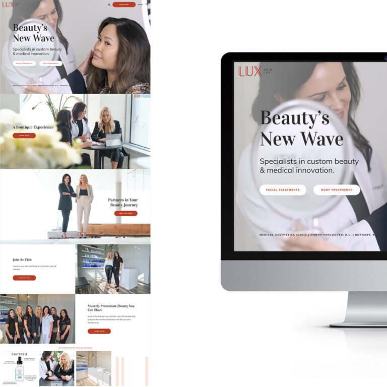 On the left is the homepage of the LUX Skin Lab website. On the right is half of a screen showing that same page.
