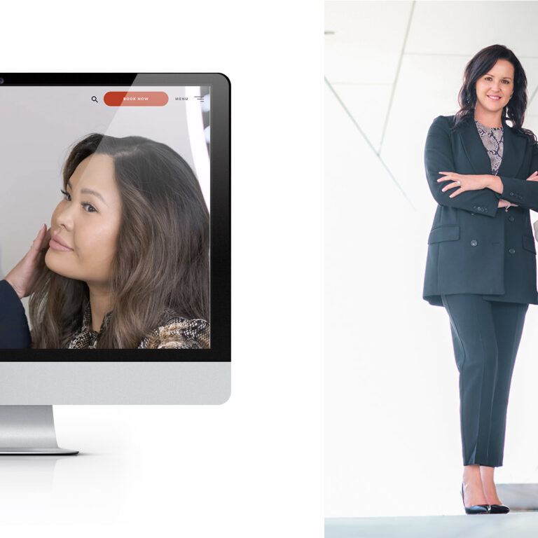 On the left is a computer screen showing the LUX Skin Lab website. On the right stands a smiling woman.