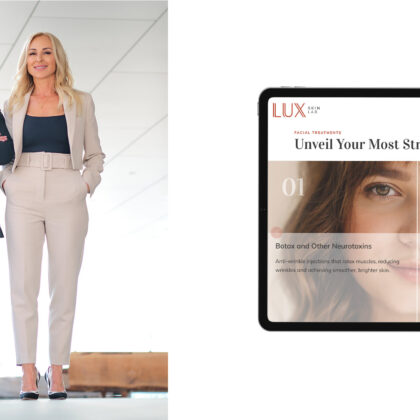 A woman stands smiling on the left. On the right is one half of a screen showing the LUX Skin Lab website.