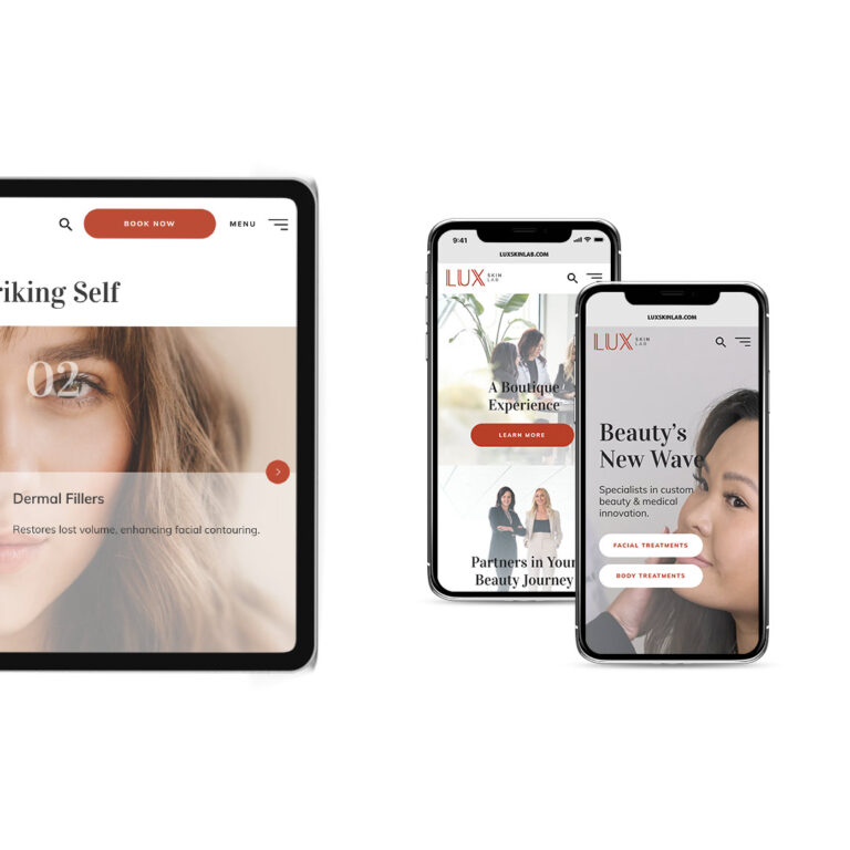Two phone screens and one desktop show the LUX Skin Lab website.