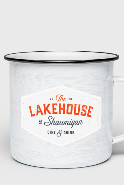 A mug branded with The Lakehouse at Shawnigan. Dine & Drink.
