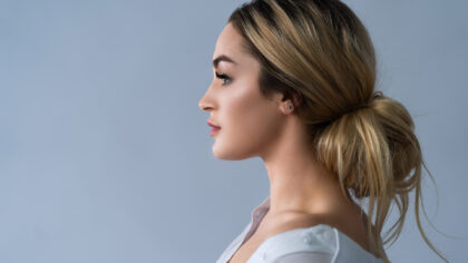 A profile shot of a model's face.