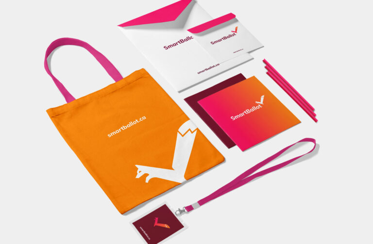 SmartBallot branded merchandise (a tote bag, folders, pencils, a lanyard)