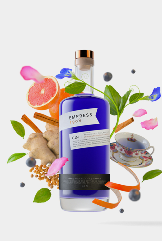 Botanicals swirl around a bottle of vivid blue Empress 1908 Gin.