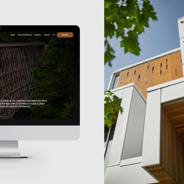 Half of the screen shows a monitor showing the Knappett website while the other half shows an image of a building