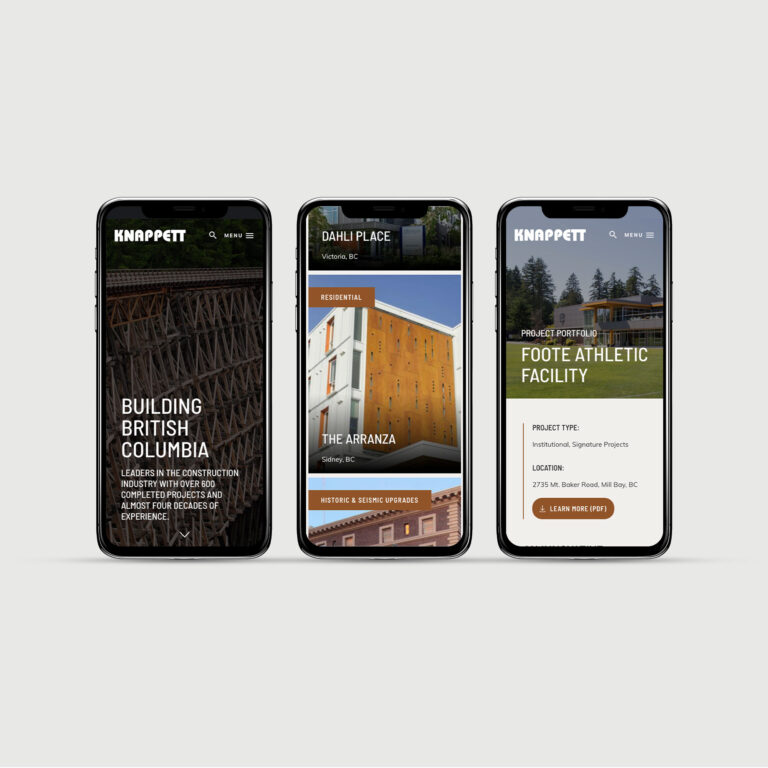 Three side-by-side mobile phones show the Knappett website