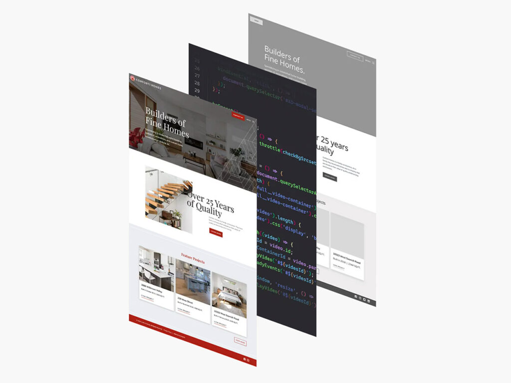 Three flat images are placed next to each other, depicting the website development process. 