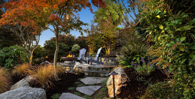 A shot of a landscaped patio and garden area